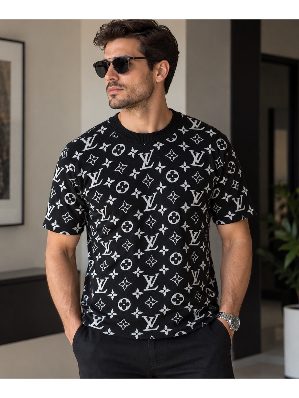 Louis  Monogram Knit T-Shirt Black White Men’s Size M Italy Designer Tee
